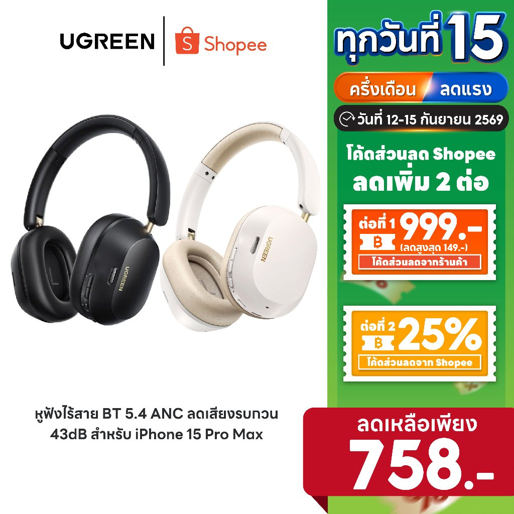 [ลดเหลือ 758] UGREEN Hitune Max5C หูฟังบลูทูธ หูฟัง ANC หูฟังตัดเสียงรบกวน หูฟังไร้สาย Bluetooth V 5.4 รุ่น HP203