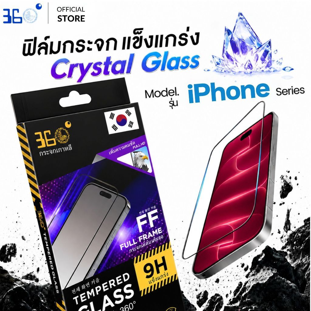 [ 360°] ฟิล์มกระจกคริสตัลเต็มจอใส iPhone DUO 18 18Pro 18Promax 17 16 15 14 13 12 11 pro max plus