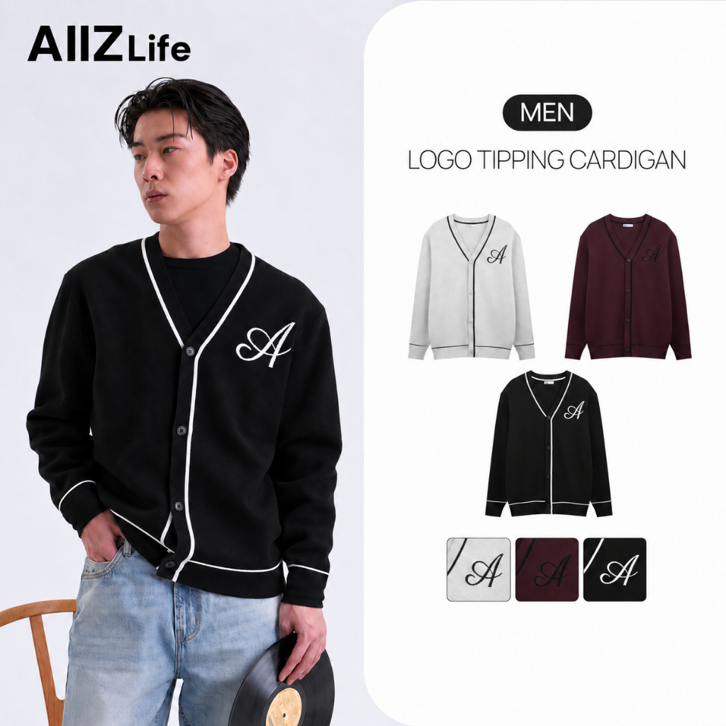 AIIZ เสื้อคาร์ดิแกนคอวีผู้ชายผ้าถัก AIIZ Men's A Logo Tipping Cardigan