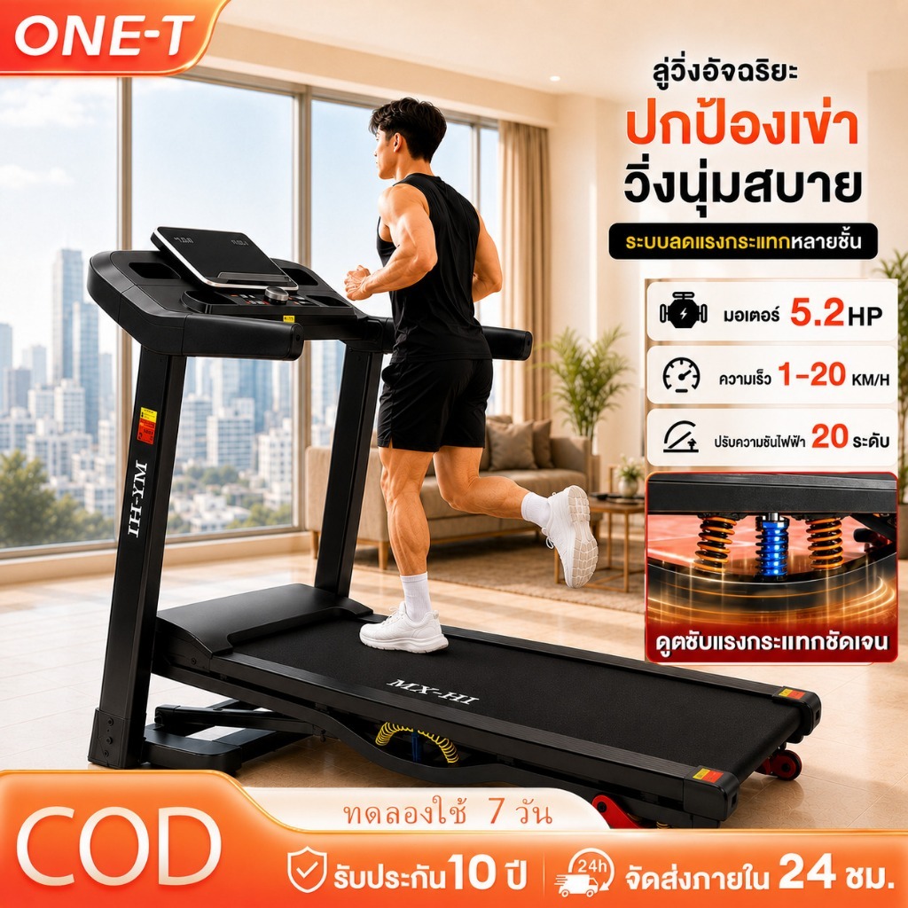 ลู่วิ่งไฟฟ้า JC900 Treadmill 5.2HP พับได้ ปรับความชันไฟฟ้า 20 ระดับ ความเร็ว 1-20KM/H เชื่อมต่อ APP 
