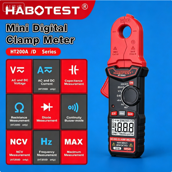 HABOTEST HT200D แคลมป์ดิจิตอลแอมป์มิเตอร์ AC / DC200A มัลติแบนด์ตัวเก็บประจุ ลำตัวสีแดง