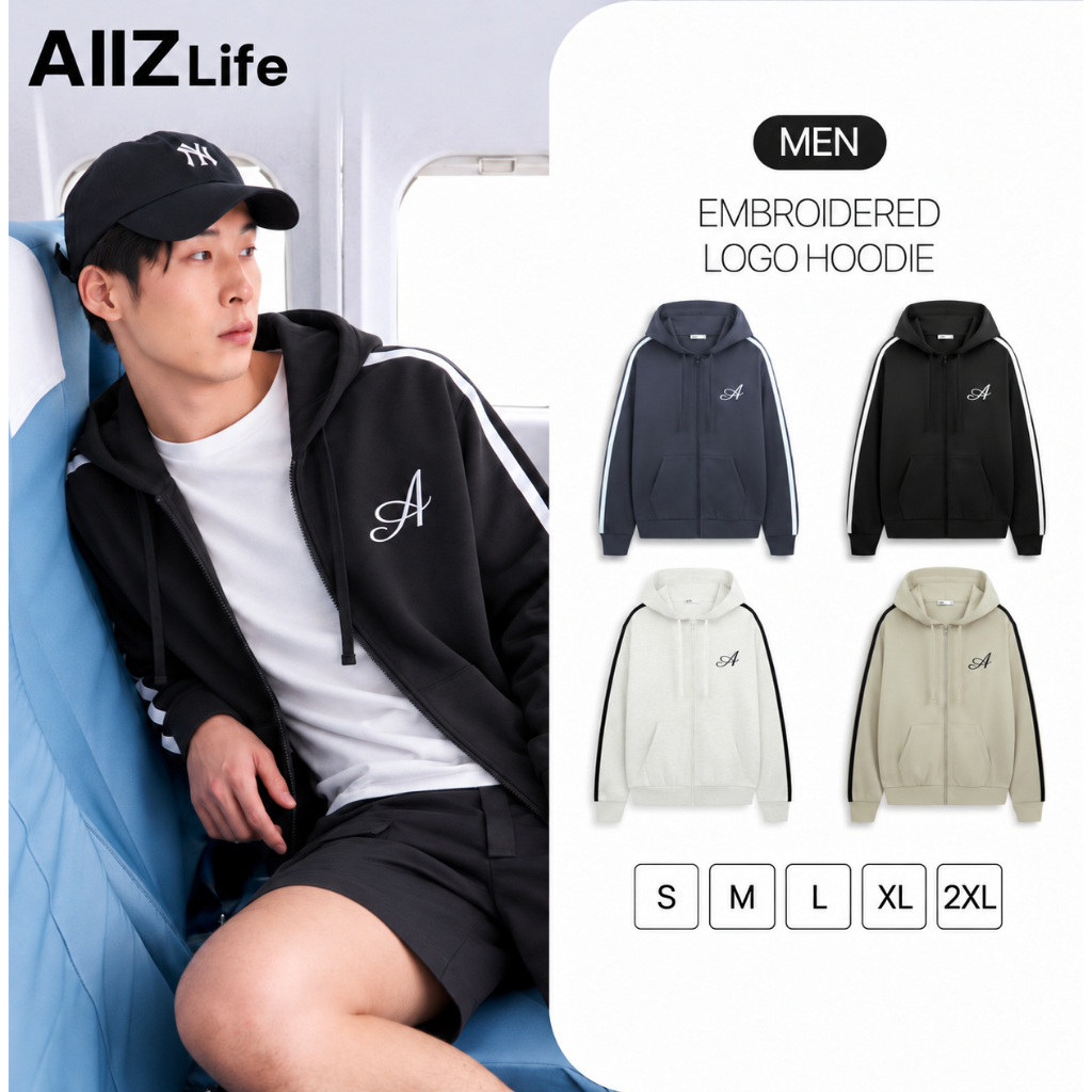 AIIZ เสื้อฮู้ดผู้ชายแบบซิปผ้าดับเบิ้ลนิตปักลาย AIIZ Men’s Embroidered Logo Hoodie