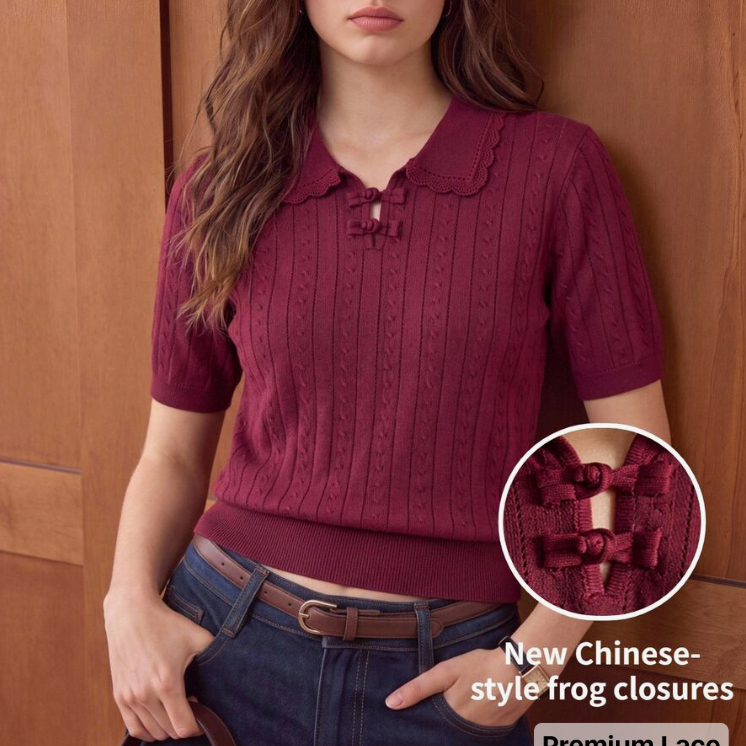 BizChic เสื้อถักคอพับสีเบอร์กันดีสำหรับผู้หญิง ตกแต่งลูกไม้ กระดุมจีนสไตล์ใหม่ แบบฝรั่งเศส วินเทจหรู