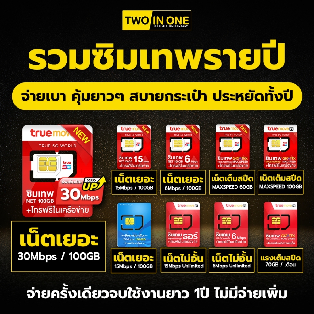 ซิมเน็ตรายปี TRUE DTAC AIS ซิมเทพ เน็ตเเรง โทรฟรีในเครือข่ายไม่อั้น นอกเครือข่าย 60นาที/เดือน ByTwoinonemobile