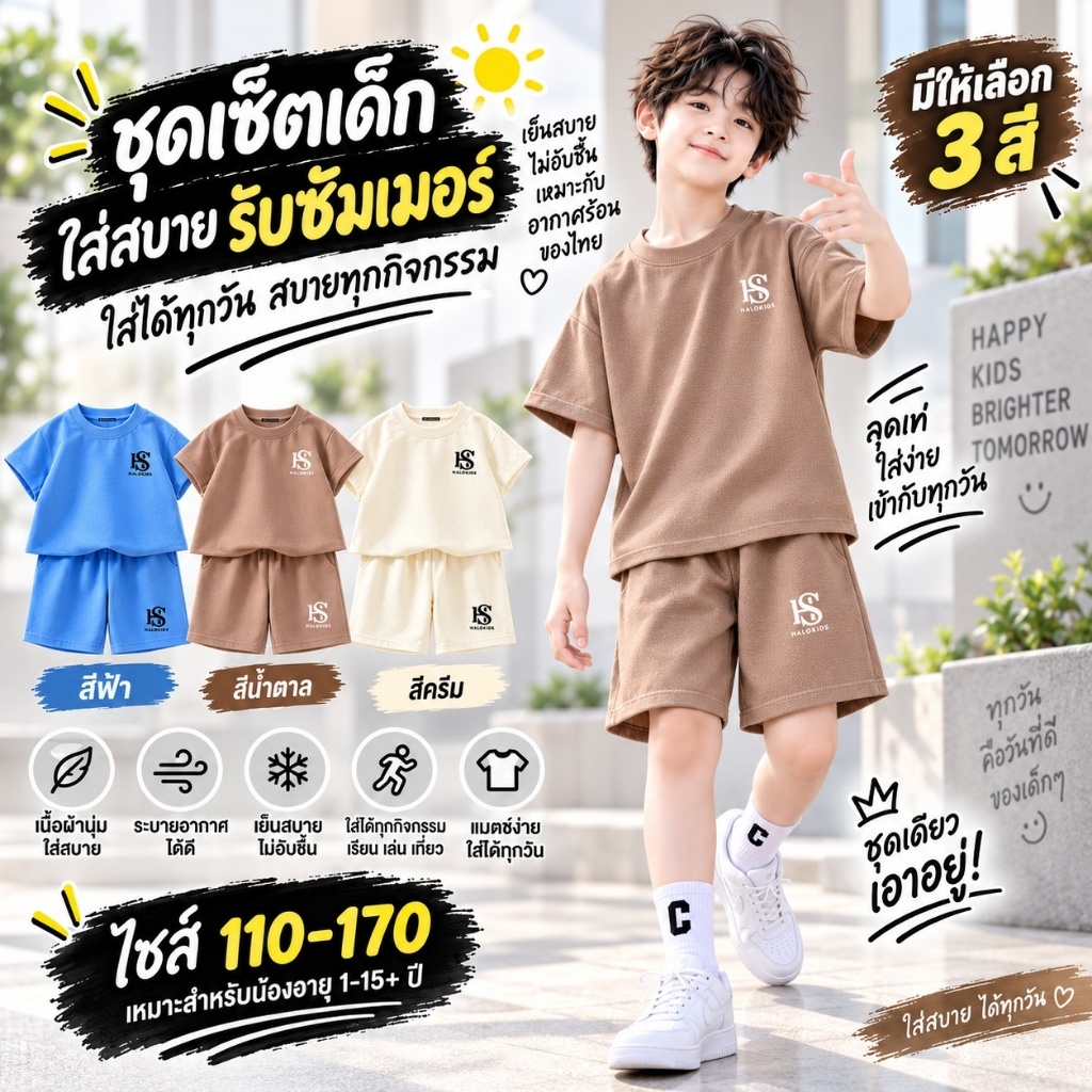 ชุดเซ็ตเด็กผู้ชาย/เด็กผู้หญิง อายุ 1-15+ ปี งานสกรีน HS สุดฮิต ผ้าตาข่ายวาฟเฟิล นิ่มใส่สบาย ไม่ร้อน