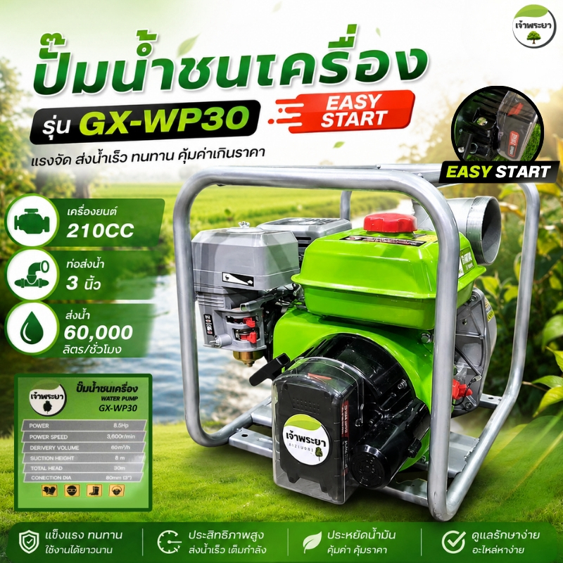เครื่องสูบน้ำ 3 นิ้ว 8.5 แรงม้า ดูดลึก ส่งไกล เบนซิน 4 จังหวะ ส่งไกล900+ เมตร ดูดลึก 12 เมตร ส่งสูง 28 เมตร รุ่น 1 ใบพัด