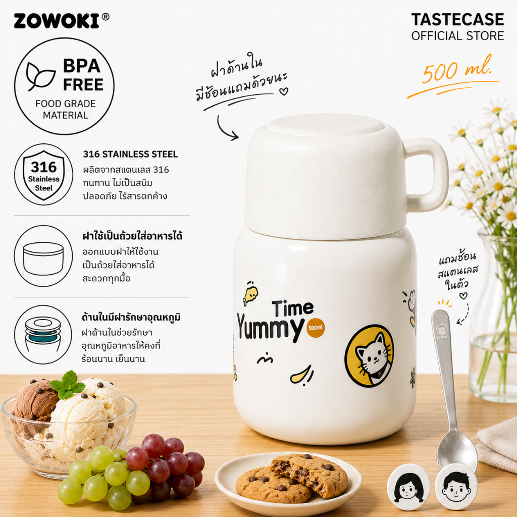 Zowoki F08-500 ถ้วยซุปรักษาอุณหภูมิ ที่เก็บอาหารเย็น-ร้อน ความจุ 500 ml.