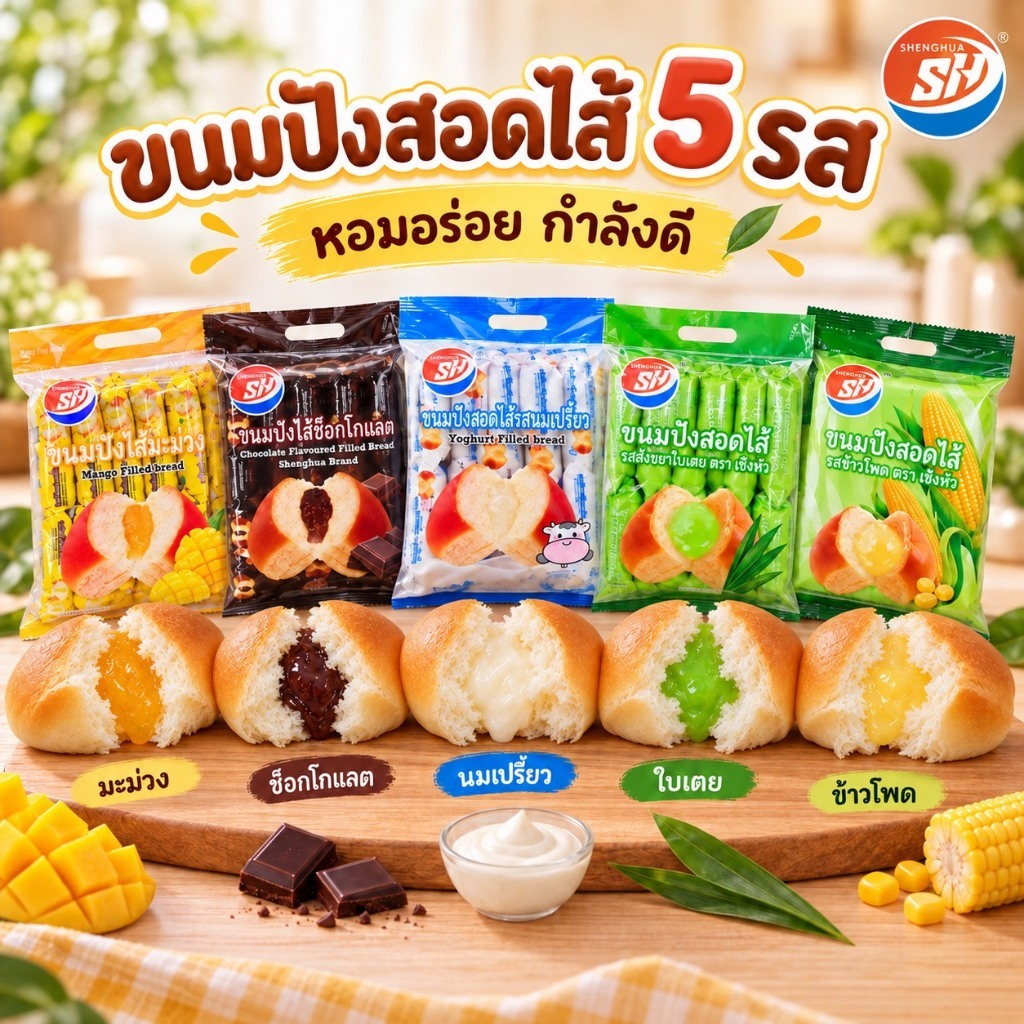 SHENGHUA ขนมปังสอดไส้นมเปรี้ยว/ช็อกโกแลต/มะม่วง/ข้าวโพด/สังขยาใบเตย 40g/ซอง (ยกลัง 12 แพค 144 ซอง)