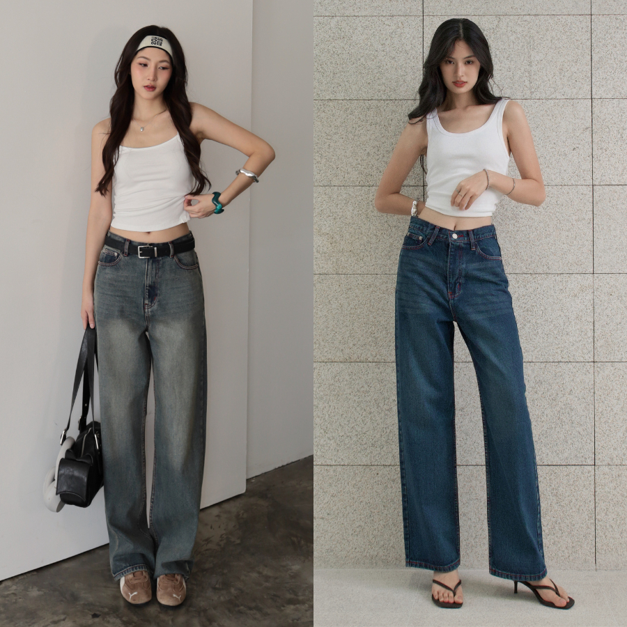 ยีนส์ Nammon Jeans NM21 กางเกงยีนส์กระบอกใหญ่เรียบเดินด้ายเเดง รุ่น Buddy cherry brown - ผ้าไม่ยืด