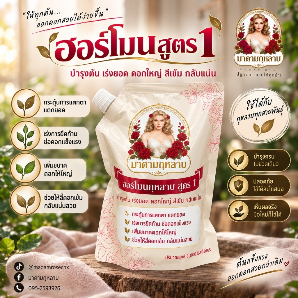 ฮอร์โมนมาดามกุหลาบสูตรพิเศษ*3 ช่วยยืดช่อ ดอกใหญ่ ใบเงาเขียว ดอกสีสดตรงปก