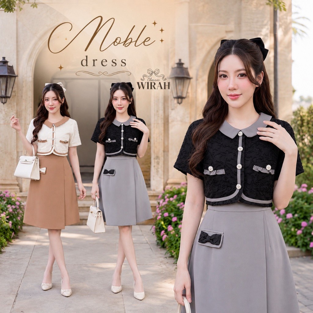 DW550 Noble dress "โน-เบิล-เดรส"ชุดเดรสสั้นทรงเข้ารูป ปกบัว กั๊กปิดท่อนบนผ้าเบิร์นเอาท์ทอลายดอกไม้ชายโค้ง ที่ด้านหน