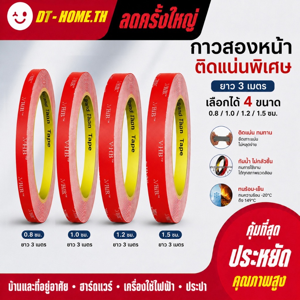เทปกาว2หน้า 3M VHB เทปกาวสองหน้า แรงยึดติดสูง 8/10/12/15 มม กันน้ำ ทนความร้อน ไม่ทิ้งคราบ ติดรถยนต์ ติดผนัง ใช้ในบ้าน