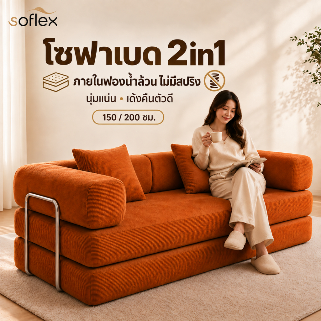 โซฟาเบดผ้าลูกฟูก Soflex โซฟาปรับนอน 100% ฟองน้ำ นุ่มเด้งคืนตัวดี ขนาด 150/200 ซม. ถอดซักได้