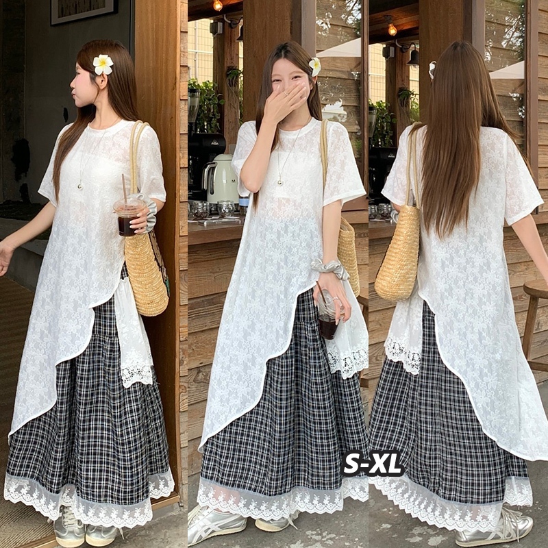 🌻🧸Grace🌻🧸 ชุดเดรส สไตล์ไฮเอนด์ ดีไซน์ใหม่ฤดูร้อน เสื้อเบลาส์ลูกไม้ กระโปรงลายตารางขาวดำ ชุด 99466/99467