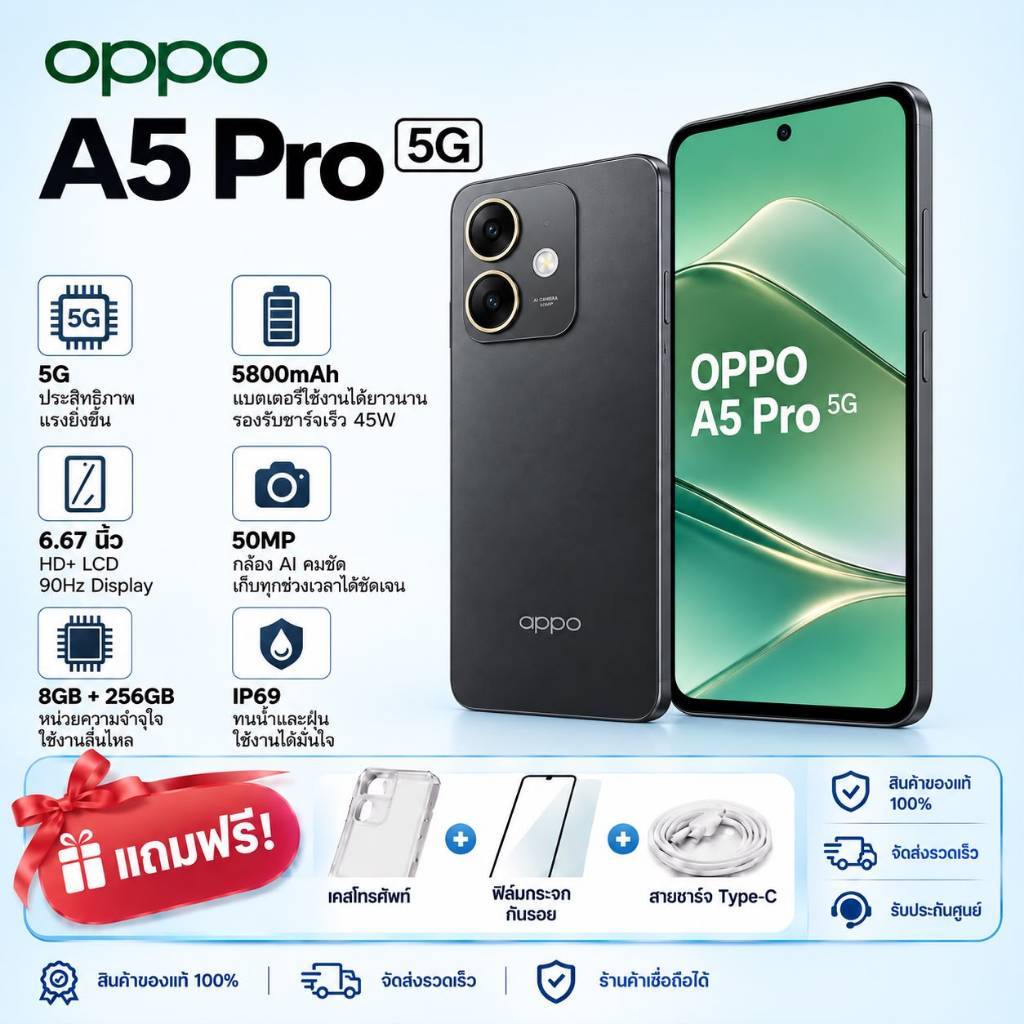 OPPO A5 Pro 5G 8+256GB โทรศัพท์มือถือ 5G ดีไซน์สวย ใช้งานลื่น เครื่องใหม่ พร้อมรับประกัน