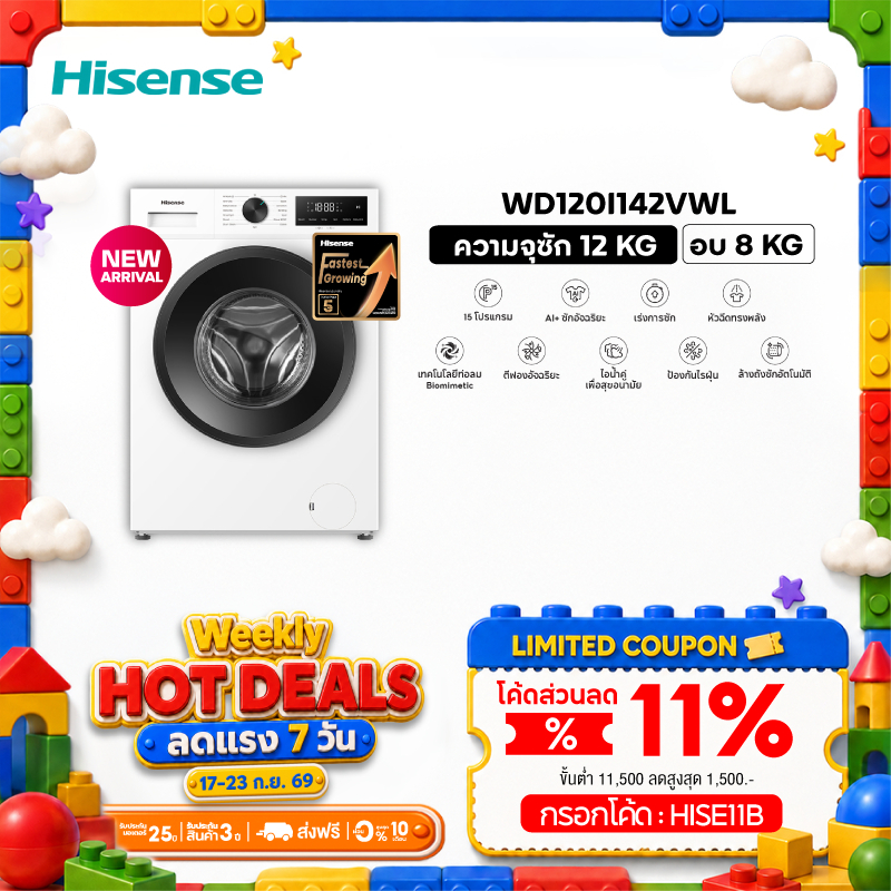 [New2026] Hisense เครื่องซักอบผ้าฝาหน้า Inverter ความจุซัก 12kg+อบ 8kg l AI Wash รุ่น WD120I142VWL WF120I142VWL
