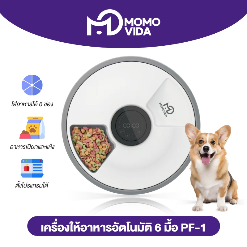 MOMOVIDA 6 Meals เครื่องป้อนอาหารสัตว์เลี้ยงอัตโนมัติ สําหรับอาหารเปียกและแห้ง พร้อมตัวจับเวลาแบบตั้งโปรแกรมได้ PF-01