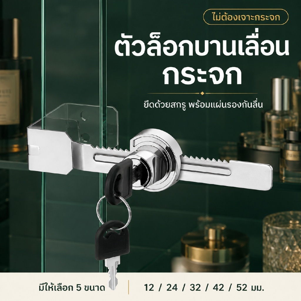 ตัวล็อคประตูบานเลื่อนกระจก ตู้โชว์สินค้า กุญแจล็อคกระจก วัสดุเงางาม แข็งแรง พร้อมกุญแจ 2 ดอก