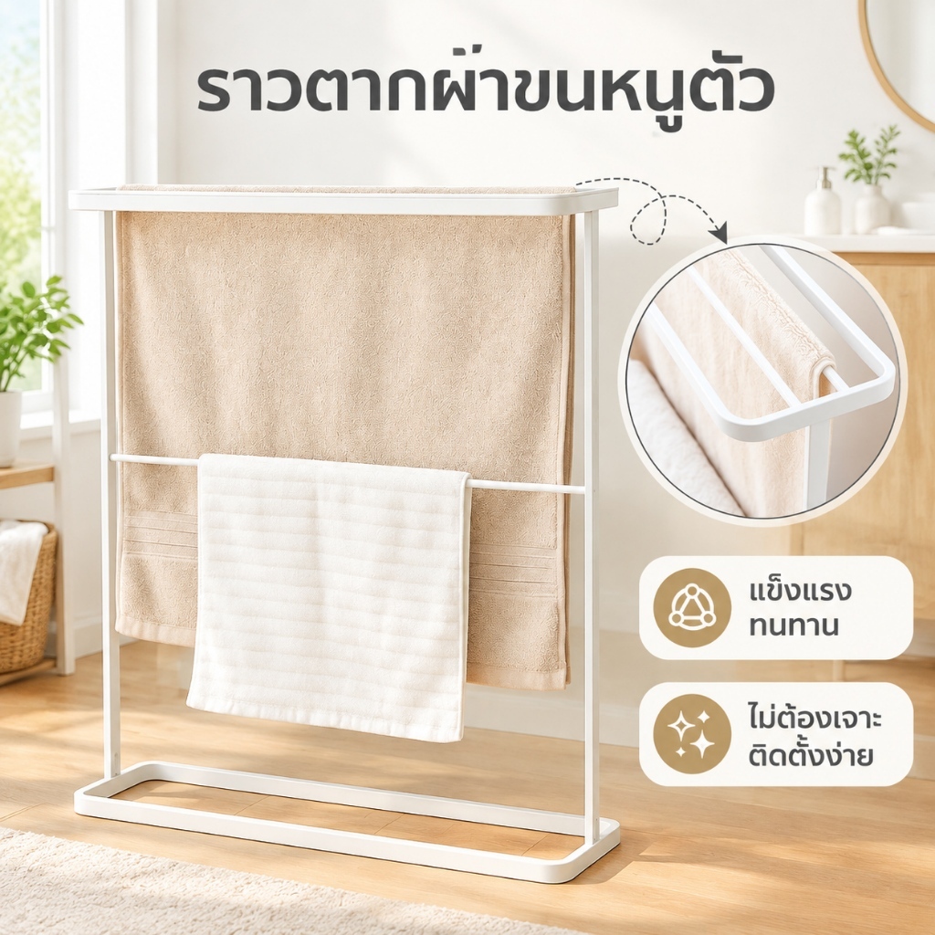 ราวตากผ้าเช็ดตัวแบบตั้งพื้นสแตนเลสขนาดใหญ่แข็งแรง ติดตั้งง่ายTowel Rackใช้ได้ในห้องนอนห้องนั่งเล่น