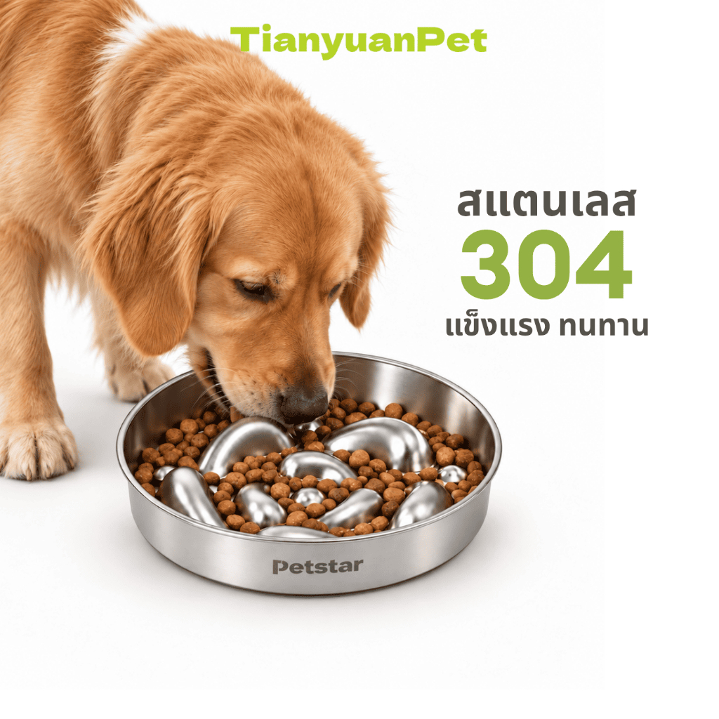 ชามอาหารสุนัข สแตนเลส 304 ฐานกันลื่น ขอบต่ำ กินสะดวก ช่วยให้น้องกินช้าลง ลดการกินเร็ว Tianyuan Pet