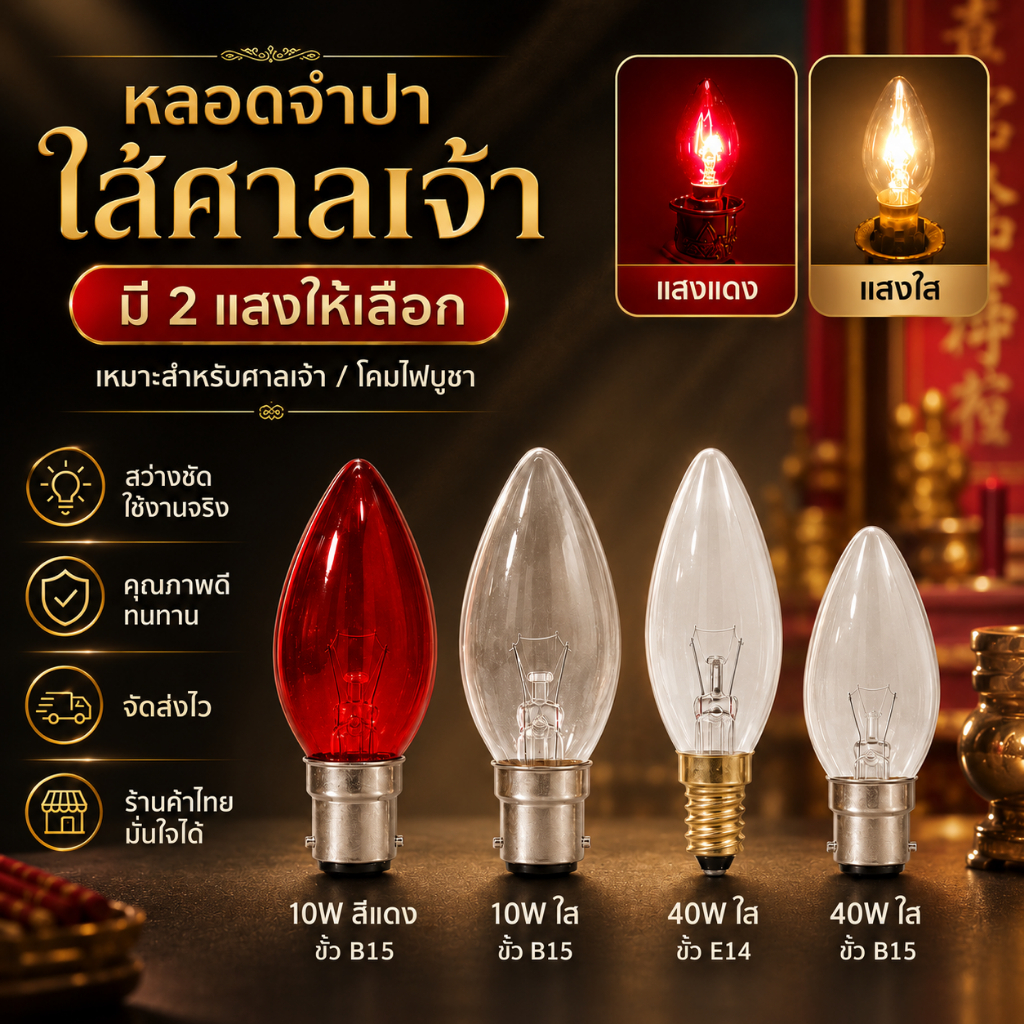 Zeazon หลอดจำปา 10W / 40W ขั้ว E14/B15 สำหรับศาลเจ้า หิ้งพระ เชิงเทียนไฟฟ้า ไม่มีควัน ใช้แทนเ