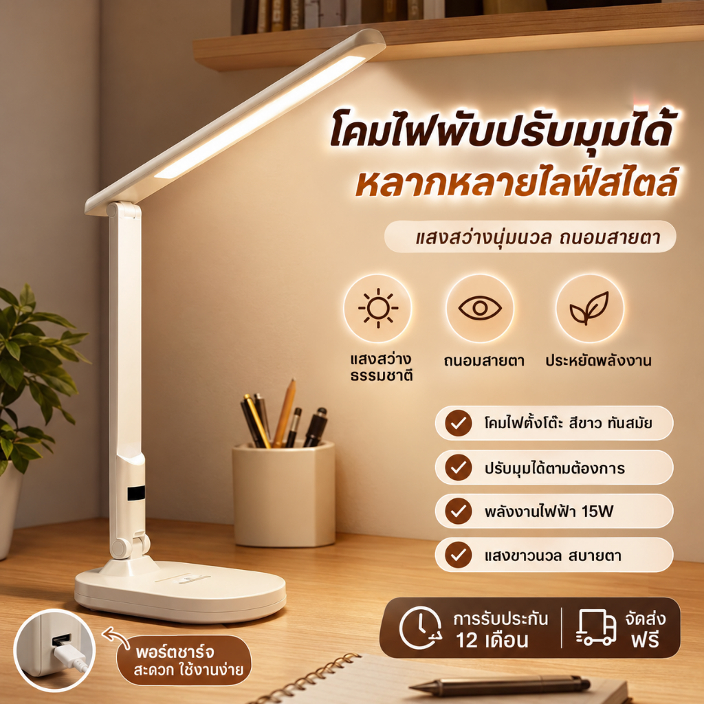 ONR โคมไฟอ่านหนังสือ LED Table Lamp ถนอมสายตา แสงธรรมชาติ 3900K พับปรับมุมได้ ฐานวางมือถือ สำหรับเรียน/ทำงาน