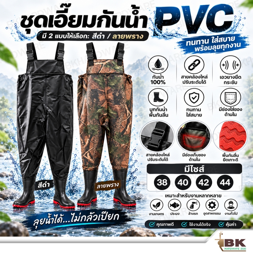 ชุดเอี๊ยมกันน้ำ PVC พร้อมรองเท้าบูทในตัว กางเกงบูทกันน้ำ ไซส์  38 40 42 44 สำหรับงานเกษตร ประมง ล้างรถ งานลุยน้ำ หนาทน