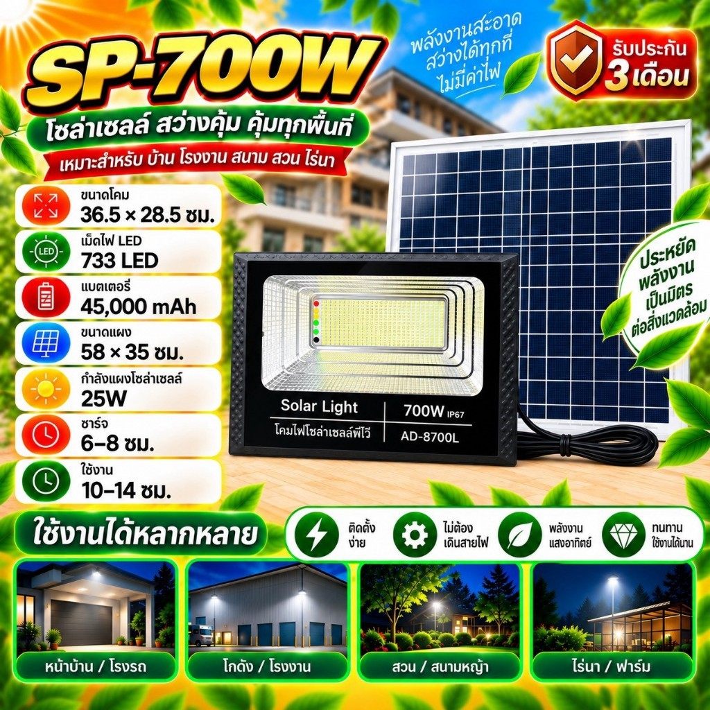 FLASH SALE ไฟโซล่าเซล 700W 400W 200W 150W 100W 50W  ไฟสปอร์ตไลท์ ไฟพี่โบ้  ไฟพลังงานแสงอาทิตย์ ไฟโซล่าเซลล์ โซล่าเซล