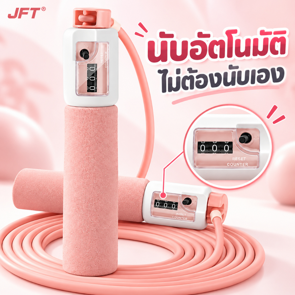 เชือกกระโดดพร้อมตัวนับรอบ ด้ามจับโฟมนุ่ม เชือก PVC ปรับความยาวได้ หมุนลื่น สำหรับคาร์ดิโอ ฟิตเนส ออกกำลังกายที่บ้าน