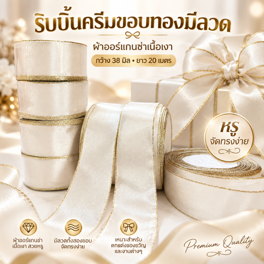 ริบบิ้นขอบทองมีลวด สีครีมงาช้าง 40 มม. x 20 เมตร Organza Wired Ribbon สำหรับผูกโบว์ ของขวัญ กระเช้า งานแต่ง DIY