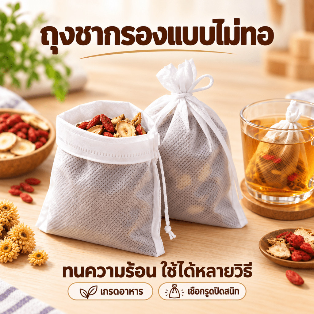 ถุงกรองชาแบบเชือกรูด 100 ชิ้น ถุงกรองอาหารไม่ทอ หนาพิเศษ เหนียวทน สำหรับชา สมุนไพร เครื่องเทศ น้ำซุป ใช้งานสะดวก