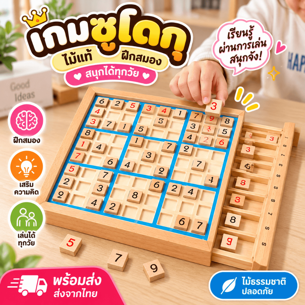 เกมซูโดกุกระดานไม้ 9 ช่อง บอร์ดเกมตัวเลขฝึกสมองเด็ก ฝึกตรรกะ สมาธิ การวางแผน เล่นได้ทั้งครอบครัว