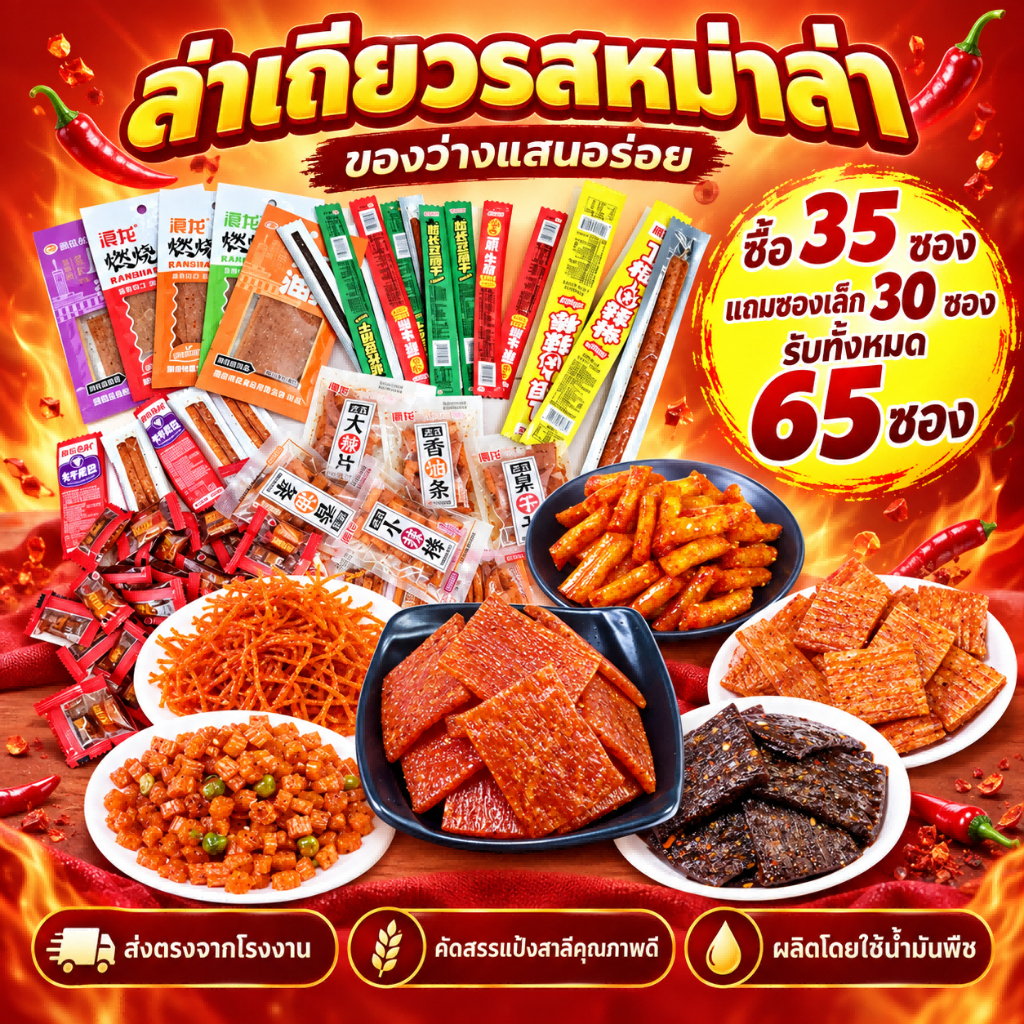ขนมล่าเถียว 35 แถม50(ซองเล็ก)คละแบบ คละมากกว่า รสชาติ รวมรสความอร่อย ปรุงรสหม่าล่า รสเผ็ดเบาๆหอมอร่อย
