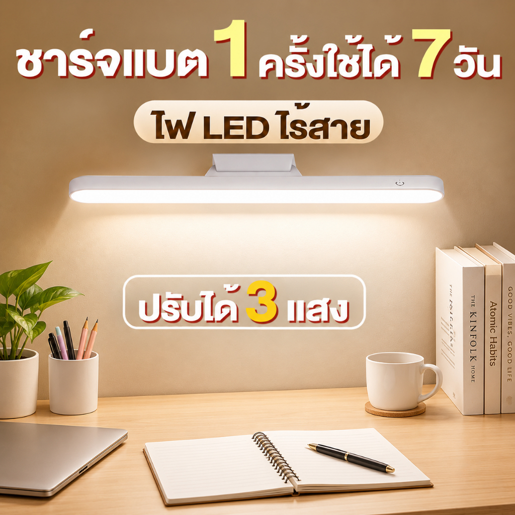 ไฟ LED ไร้สาย แม่เหล็ก พร้อมปุ่มเปิด-ปิด ชาร์จ USB ปรับได้ 3 ระดับแสง ไฟอ่านหนังสือ ติดตั้งง่าย ไม่ต้องเจาะ