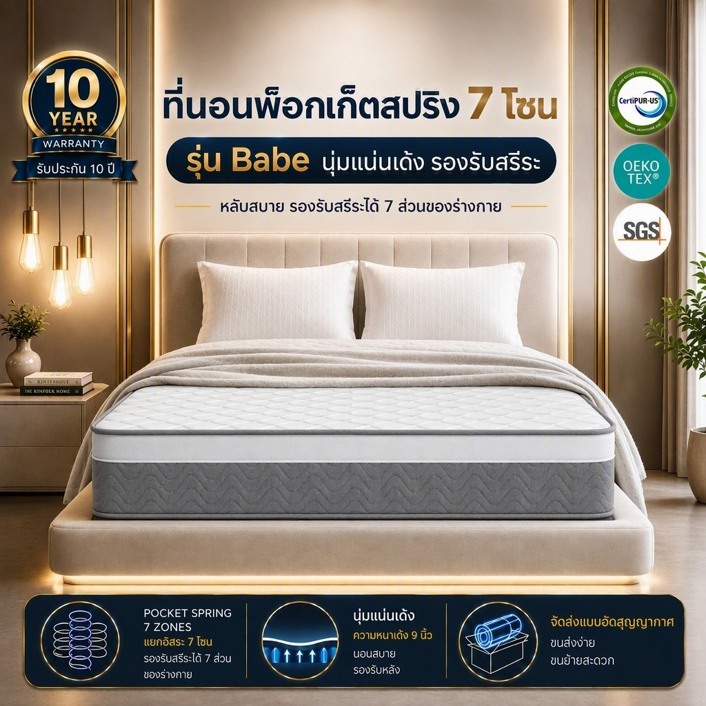 QUGOO หนา8นิ้ว ที่นอนพ็อกเก็ตสปริง 6ฟุต 5ฟุต 3.5ฟุต รับประกัน10ปี สัมผัสนุ่มพิเศษ ลดการสั่นสะเทือน แถมหมอนหนุน 1 ใบ