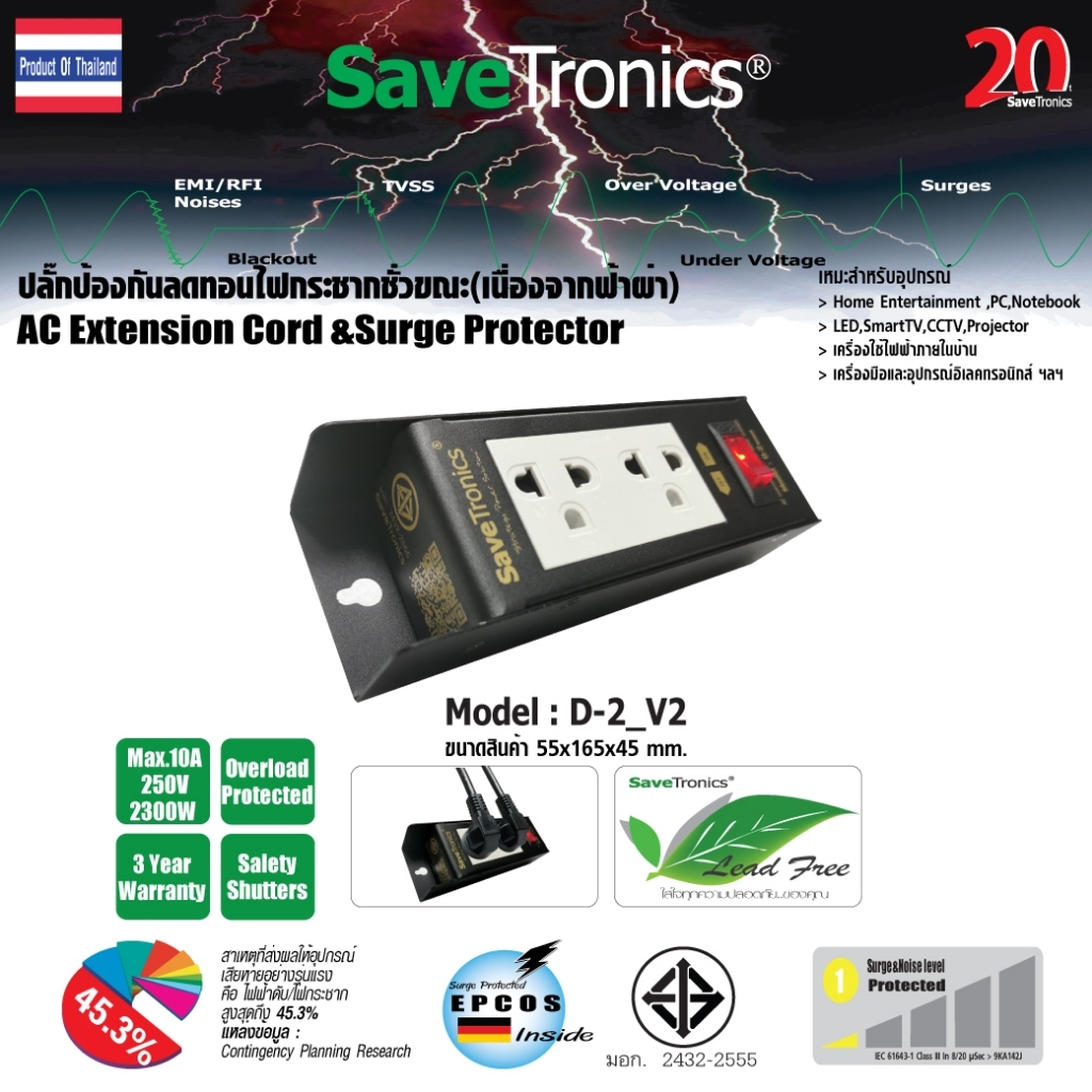 1แถม1 SaveTronics : ปลั๊กไฟป้องกันและลดทอนไฟกระโชกชั่วขณะ(เนื่องจากฟ้าผ่า) รุ่น D-2_Version2.0