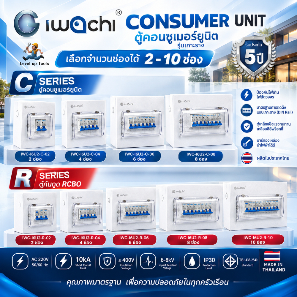 Level**ปลอดภัยสุด**IWACHI ตู้คอนซูมเมอร์ ยูนิต 2ช่อง/4ช่อง/6ช่อง/8ช่อง CONSUMER UNIT 32/50/63A เกาะราง ตู้ควบคุมไฟ
