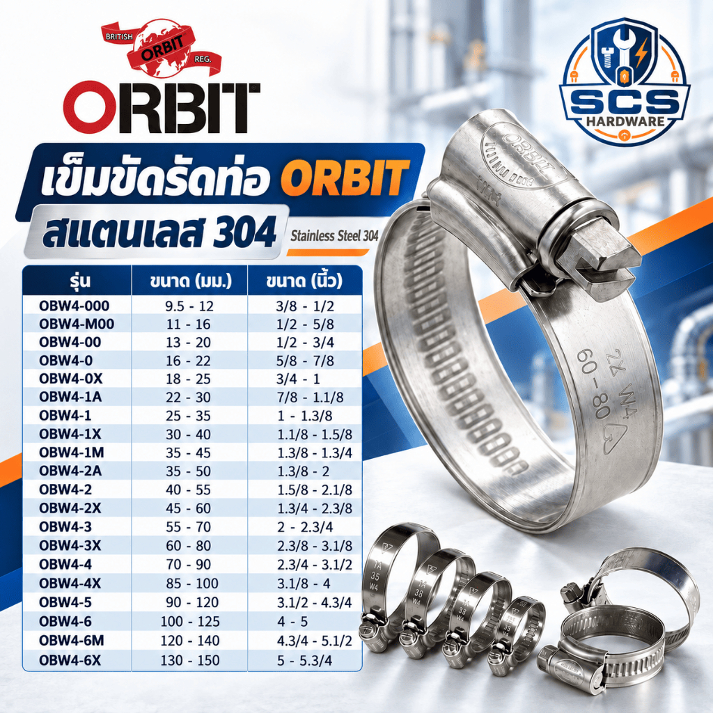ORBIT เข็มขัดรัดท่อ SUS304 รัดสายยาง ออบิท ขนาด 3/8'' - 5นิ้ว (9.5-150 มม.) กิ๊บรัดสายยาง เหล็กรัดสายยาง กิ๊บรัดท่อ