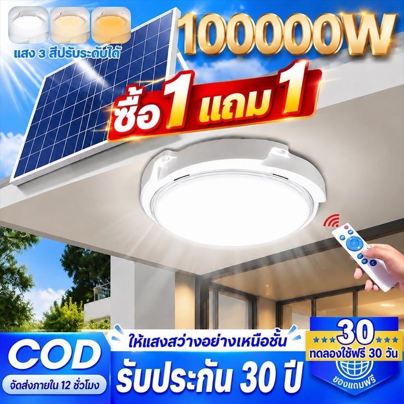 ซื้อ 1 แถม 1 ไฟโซล่าเซลล์ 100000W โคมไฟเพดาน กันน้ำ โซล่าเซลล์ Solar Light แสงสีขาว/เหลือง/อุ่น เปิดไฟอัตโนมัติ