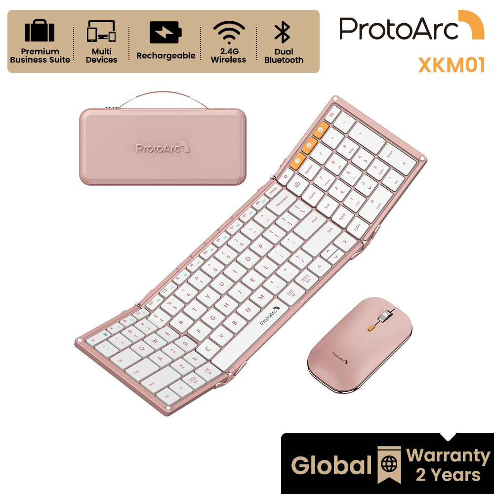 ProtoArc XKM01 คีย์บอร์ดและเมาส์พับได้ ระดับพรีเมียม บลูทูธไร้สาย + 2.4G ชาร์จไฟได้ พร้อมกล่องแข็ง สีชมพู รับประกัน 2 ปี