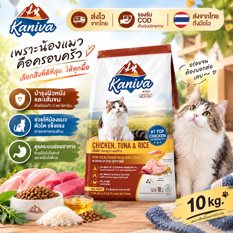 【11.11ขายดี】Kaniva 10KG อาหารแมวแห้ง สูตร Chicken Tuna Rice โภชนาการครบถ้วน บำรุงขนสวย ลดปัญหาผิวหนัง พร้อมส่ง ของแท้