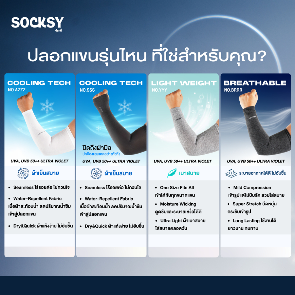 Socksy ปลอกแขนกัน UV เนื้อเนียนทอด้วยฝีเข็ม 200 เข็ม รุ่น YYY สีขาว (แพ็ค 1คู่) — صورة 3