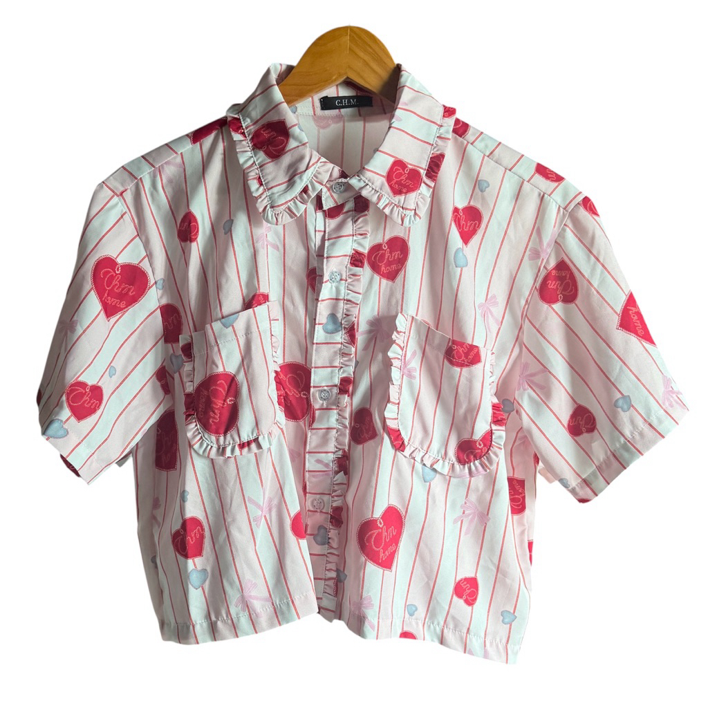 [ มือ2 ] เสื้อครอปคอปกพิมพ์ลาย แบรนด์ CHM