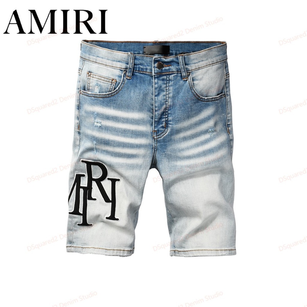 Amiri กางเกงยีนส์ขาสั้นทรงเรียบง่ายสำหรับผู้ชาย กางเกงขาสั้นฤดูร้อนปักตัวอักษร 6009