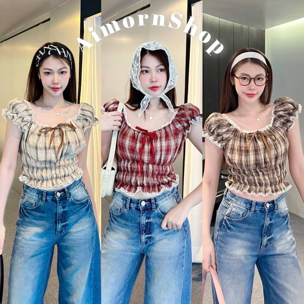 🔥aimorn_shop🔥เสื้อครอปแขนตุ๊กตา ลายสก็อต สม็อครอบเอว แต่งเชือกผูกโบว์ ทรงสวยยย