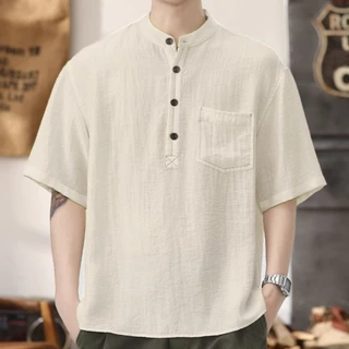 🚚พร้อมส่ง🚚 เสื้อเชิ้ตผู้ชาย เสื้อลินิน คอกลม เสื้อเชิ้ตแขนสั้น เนื้อนุ่มใส่สบายไม่ร้อน แฟชั่นฤดูร้อน