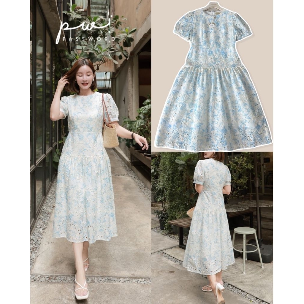 Password #7089เดรสผ้าคอตตอนปักฉลุลายทั้งตัว เนื้อผ้าพิมพ์ลายดอกไม้