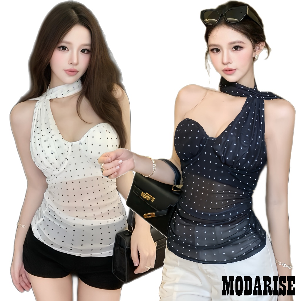 Modarise🌟เสื้อกล้าม แบบจุด ไม่เป็นทางการ สำหรับวันหยุด คอแอสซิมเมตริก เสื้อแขนกุดสตรีคอเบี้ยวผ้ามุ้งตัดต่อ,ชุดคาวสวย