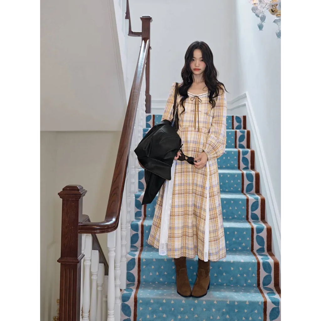 [พรีออเดอร์] ❤KUOSE : Plaid Square Neck Dress❤