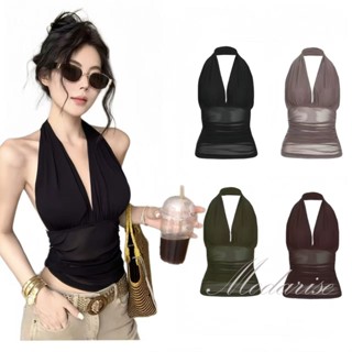 Modarise🌟เสื้อครอป คล้องคอ โชว์หลัง สีพื้น ท็อปปิ้งระบายชายเ…